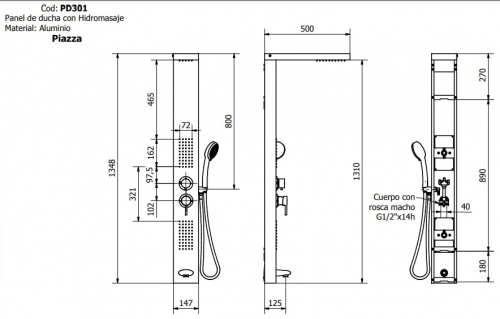 Griferia Ducha Piazza Panel C/Hidro Aluminio 135X14.7 Pd301