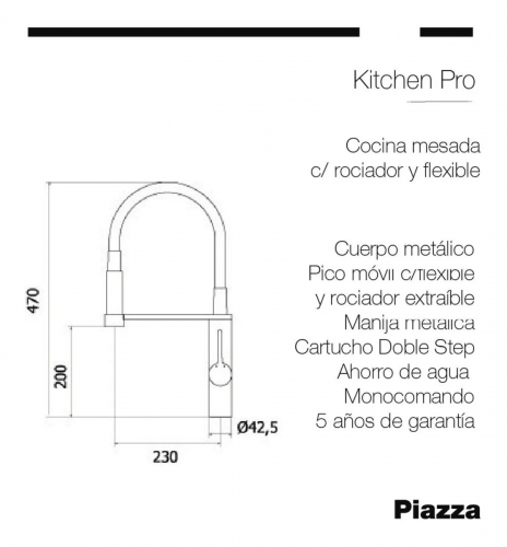 Griferia Cocina Monocomando Piazza Kitchen Pro