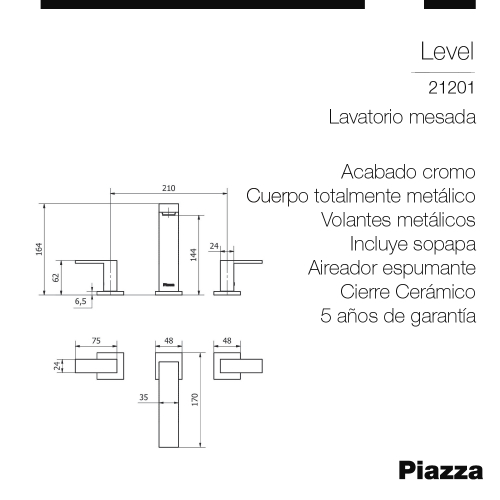 Griferia Piazza Level Lavatorio Mesada 21201 Cr