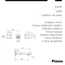 Griferia Piazza Level Lavatorio De Pared 21203 Cr